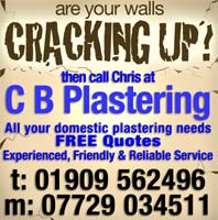 C B Plastering for all your domestic plastering needs - call Chris on 01909 562496 or mobile 07729 034511