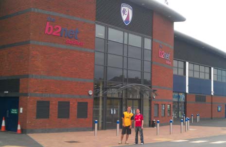 Ian Butt and Steve Pye outside the B2net as one of their visits to all 92 EFL stadiums in 7 days to raise money for the McMillan Cancer Charity