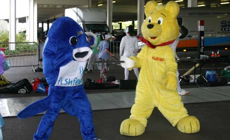 Fishy Feet and Haribo Bear have a swordfight with the help of Wingerworth Fencing Club