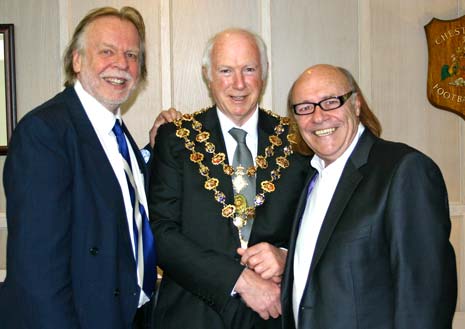 Kids n Cancer Charity Patron Rick Wakeman with the Mayor of Chesterfield, Cllr Peter Barr and Comedian Mick Miller at last night's launch at Chesterfield's B2net stadium