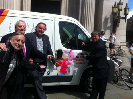 DAY 4 - Some of the Kids n Cancer Charity's Celebrity Patrons met the team outside the 'Spooks HQ' - or Freemasons Hall in London - (l-r) Elliot Randall (Steely Dan), Mick Abrahams (Jethro Tull), Rick Wakeman and Miki Travis.