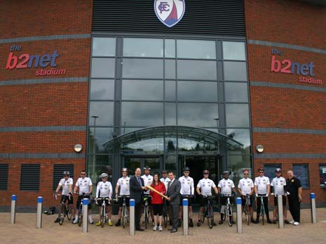 The riders line up at the B2net with Chesterfield FC Vice President, David Jones, Olympian Ellie Koyander and Chesterfield FC Director, Chris Breeze