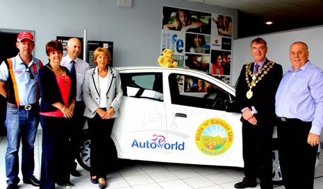 (l-r) Autoworld Director Simon Priestnall, Mayoress of Chesterfield, Mrs Diane Parsons, Dealer Principal Steve Lane, Mrs Sue Priestnall, the Mayor of Chesterfield, Cllr Donald Parsons and Kids'n'Cancer Charity founder Mike Hyman