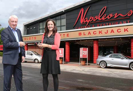 Long-term supporter and Patron of the Weston Park Hospital Cancer Charity, Mr Dave Allen with fundraiser Sarah Cross outside Napoleons Casino & Restaurant