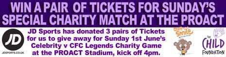 We have been given 3 pairs of tickets to win for a very special football game taking place at the PROACT this Sunday, 1st June. The winner will also receive a T-Shirt signed by all the celebrities.