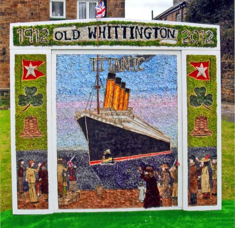 Last years beautiful Old Whittington Well Dressing with the 100th anniversary of the Titanic theme. This years theme is to be 'All Things Bright and Beautiful'