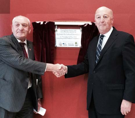 Council Leader Cllr John Burrows and the Duke of Devonshire at today's official opening of Chesterfield's revamped Market Hall