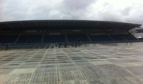 It's fair to say that the b2net is now unrecognisable as a football stadium, with chairs lined up on the pitch and a huge stage erected in what is usually the away end.