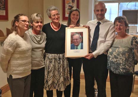 Derek's daughters Bev (right) and Lynn (2nd left) with his grand-daughters and former Manager Liz Woodall (3rd left) and Cllr Ken Huckle.