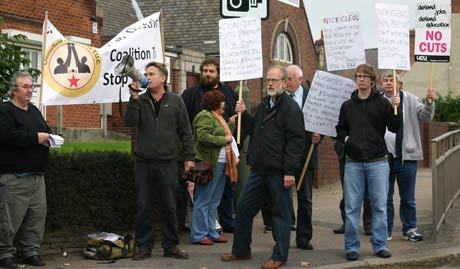 Protesters outside the school where Nick Clegg made his speech today