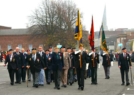 With the Crooked Spire as a backdrop, the Veterans marched into Rose Hill in front of Chesterfield Town Hall