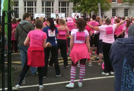 in the Town Hall car park, 3,000 ladies set off on Chesterfield's Race For Life, turning the streets of Chesterfield into a sea of pink and sparkle