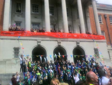 The Mayor of Chesterfield, Cllr Donald Parsons, watched the Torch pass from the balcony of The Town Hall.