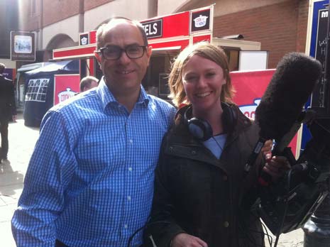 Adam Shaw with production team member Lizzie in Chesterfield filming an episode of new ITV show 'Cook Me The Money'