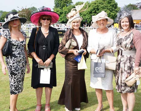 (l-r) Dawn Welsh (Market Cross Jewellers), Sue Swiers (3rd place), Winner Judith Beckett, Diane Lewis (2nd place) and Jennifer Roberts (Adorn Hats of Harrogate)
