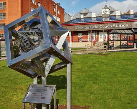 The sculpture is sited outside Chesterfield Coach Station in The Pocket Park, a community collaboration delivered by Chesterfield and District Civic Society to mark their 50th Anniversary, in association with Franke Sissons Ltd and Chesterfield Borough Council.