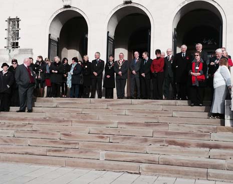 Local dignitaries including the Mayor and Mayoress of Chesterfield, Cllr Barry Bingham and his wife June, CEO of Chesterfield Borough Council, Huw Bowen and Deputy Leader, Terry Gilby, gathered on the Town Hall steps - alongside councillors and council employees.