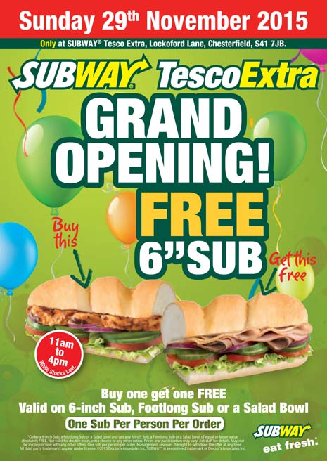 On Sunday 29th November, between 11am and 4pm, SUBWAY at the Tesco Extra on Lockoford Lane, Chesterfield, is celebrating it's offical Grand Opening.
