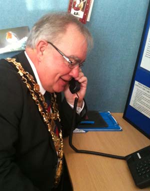 The Mayor makes some Careline calls after opening the new Age Concern offices in New Square, Chesterfield