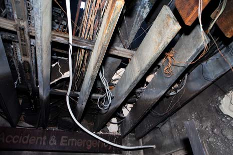 The Accident and Emergency entrance roof at the Chesterfield Royal Hospital, Calow, after the fire