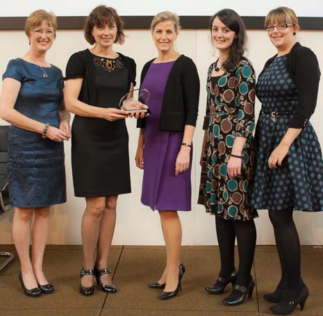 The Speech and Language Therapy team at Derbyshire Community Health Services receive their award at the RCSLT awards ceremony with HRH the Countess of Wessex, (l-r) Mary Heritage, Andrea Robinson, HRH the Countess of Wessex, Ruth Young and Sofia Watson