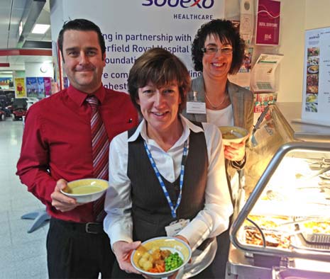 (l-r) Jethro Pickard, Chesterfield Royal Senior Assistant General Manager, Sodexo's Representative and Melanie Coy, Head of Nutrition and Diatetics at the Royal's Taste Test for visitors!