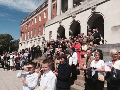 he paraded through town on Saturday morning - again with family and fellow dignitaries - to attend his Civic Service at the Crooked Spire.