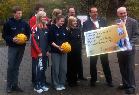 Cllr  John Burrows - CBC Leader with Talented Athletes , Chesterfield Olympic Ambassadors and Rory Slater (Derbysh 2012 Legacy Co ordinator and David Thornton Visit Peak District and Derbyshire