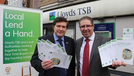 Derbyshire County Council Leader Andrew Lewer (left) and Andrew Hahn, local director at Lloyds TSB, join forces to launch the Local Lend a Hand in Derbyshire scheme at the Matlock branch of Lloyds TSB.