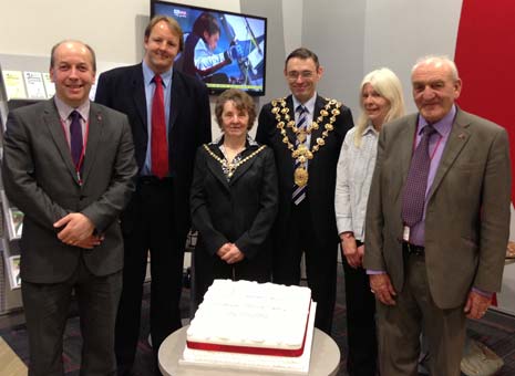 Huw Bowen Chief Exec, Toby Perkins MP, Chesterfield Mayoress Barbara Wallace and Mayor Paul Stone, Cllr Sharon Blank and Council Leader John Burrows