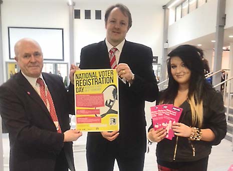Chesterfield MP Toby Perkins (centre) with Brian Carrol, Head of student Experience at Chesterfield College and Catherine Taylor, President of the Students Union