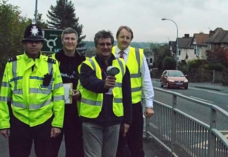 PC Dave Randell, PC Simon Duddles, Cllr. Ron Mihaly and MP Toby Perkins during the checks on Whitecotes Lane
