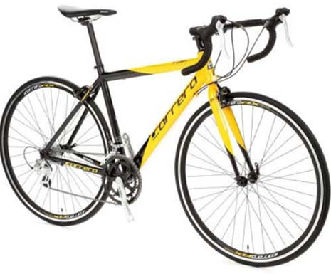 A black and yellow Carrera TDF bicycle as ridden by the cyclist