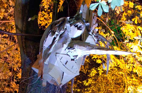 student sculptures of witches, bats and dragons adorned the ghoulishly lit trees in Chesterfield's Queen's Park