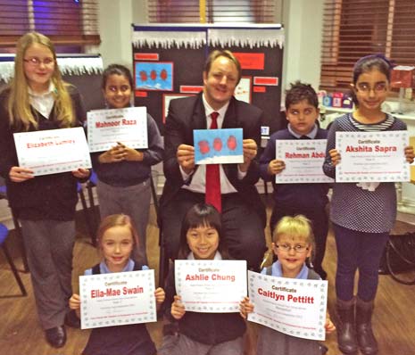 Toby Perkins MP with the winning Card design and Hady School's seven winning students