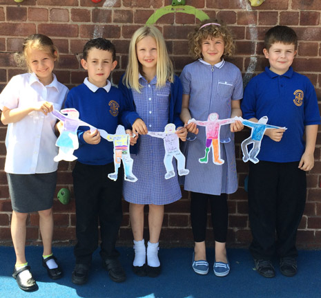 New Whittington pupils Jessica, Corey, Kate, Francesca and Callum with their paper 'cut out' children in support of UNICEF's RSS initiative