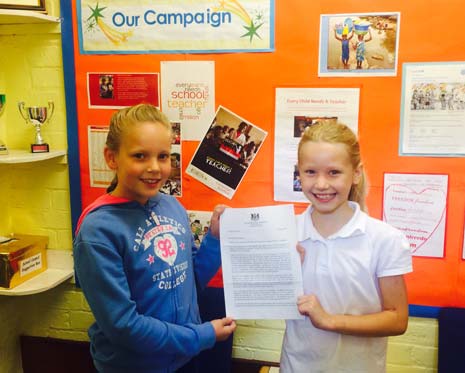 two eight year olds from a Chesterfield primary school say they are 'delighted' to have received a personal reply from Prime Minister David Cameron, after they wrote to him regarding the children who are not able to access education throughout the world.