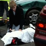 Students watch a staged accident at Chesterfield College to show the impact such an accident can have on peoples lives