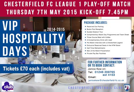 To book a hospitality package, please phone Janice on 01246 209765 (ext 4153) or email janicekew@chesterfield-fc.co.uk