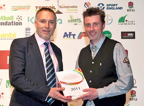 Antony Haywood is presented with his award by joint category sponsor  Jeremy Hindle of DLF/Johnsons Seed