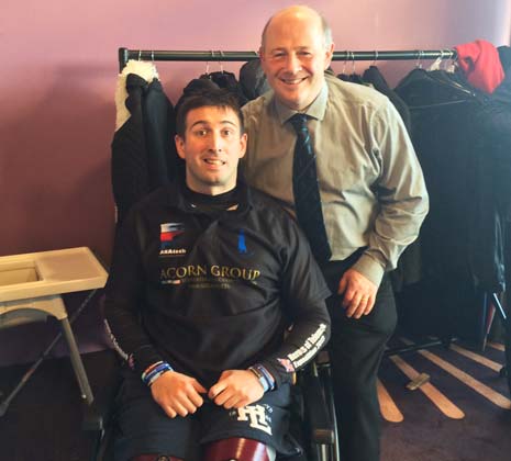 Ben Parkinson MBE with his stepfather Andrew Dernie at the Proact prior to carrying the Match Ball at the Chesterfield FC v Bury game