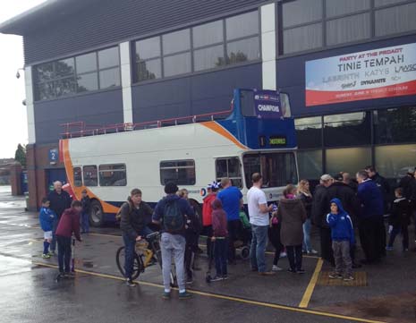 Chesterfield FC are tonight displaying the SkyBet League Two championship Trophy to Spireites throughout the town as they parade from the Proact Stadium to Chesterfield Town Hall on an open top bus.