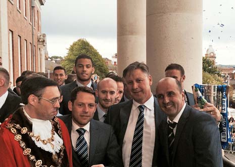 The team and (front, l-r), The Mayor of Chesterfield, Asst Manager Leam Richardson, Youth Team Coach Mark Smith and Manager Paul Cook (and the Trophy!)