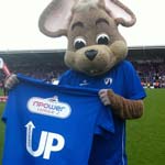 'Chester' Field Mouse celebrates already promoted Chesterfield Football Clubs 'Champions party'