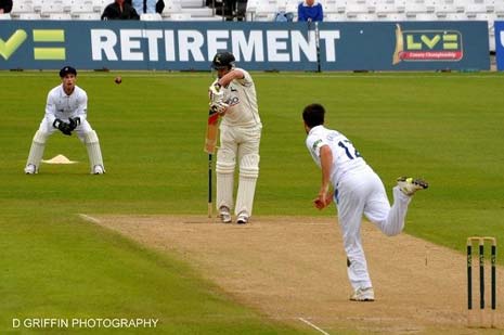 It was 354-4 by lunch and - after an hour long rain stoppage - Tim Groenewald prized the dismissal of Steven Mullaney  for seven as Chesney Hughes held a comfortable catch at second-slip.