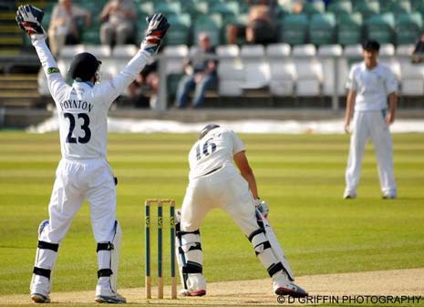 Durham's 2nd innings centurion, Borthwick, is trapped LBW by Dan Redfern