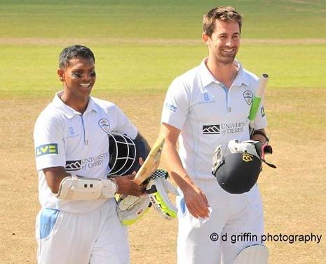 Shivnarine Chanderpaul (left) and Tim Groenewald are all smiles as they walk off victorious