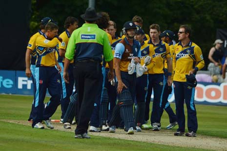 The Vikings celebrate the win after surviving Morkel and his near match winning heroics