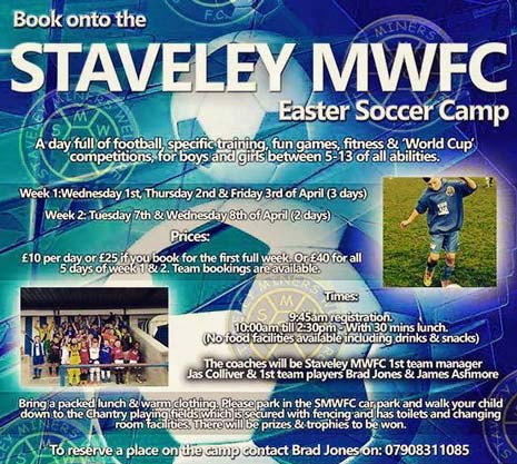 The Staveley MWFC Easter soccer camp is nearly here, and now there's a chance to win 1 day FREE at the camp! All you need to do is like and share the competition status on Staveley MWFC's Facebook page.