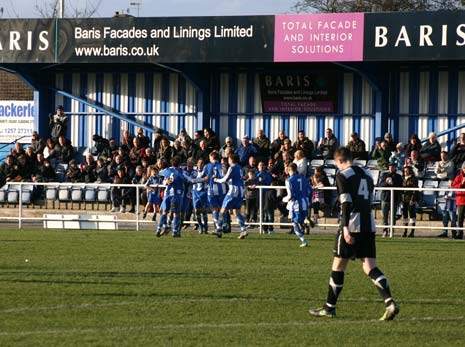 Staveley celebrate Jordan Hill's first goal and Staveley's second